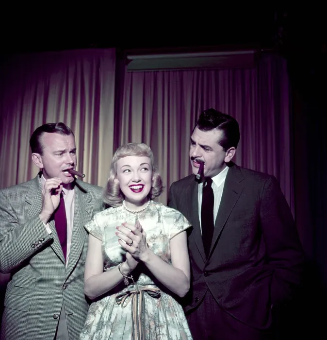Framed Print : From left: Jack Paar of THE JACK PAAR SHOW, Edie Adams, who appeared in episodes of both THE JACK PAAR SHOW and THE ERNIE KOVACS SHOW