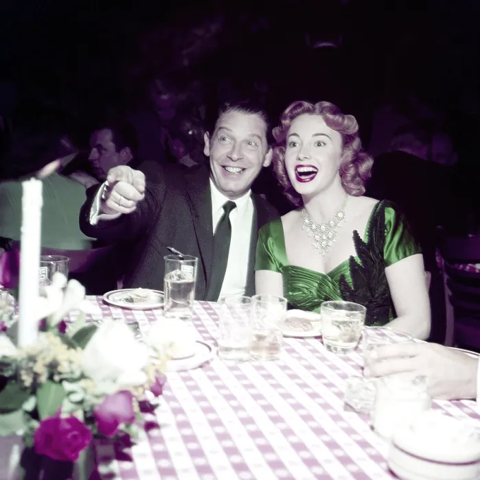 Framed Print : From left: Milton Berle, Audrey Meadows, at restaurant, circa 1950s Framed Print : From left: Milton Berle, Audrey Meadows, at restaurant, circa 1950s