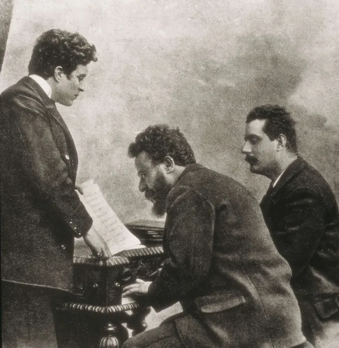 Framed Print : From left to right, the composers Pietro Mascagni, Albero Franchetti and Giacomo Puccini before the piano. AISA / Everett Collection**US SALES ONLY**