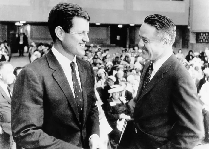 Framed Print : From left, Senator Edward Kennedy, and his brother-in-law, Sargent Shriver, at Senate Committee on Aging, Washington, June 2, 1966, Courtesy: CSU Archives / Everett Collection