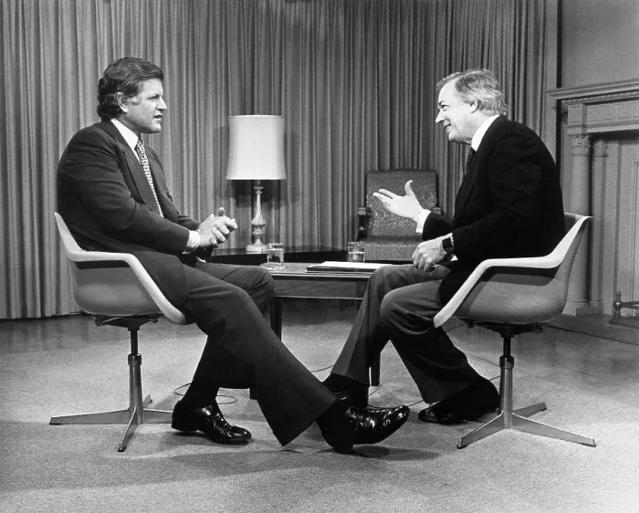 Framed Print : From left, Senator Edward Kennedy, Hugh Downs, discussing national health insurance, OVER EASY, November 15, 1978, Courtesy: CSU Archives / Everett Collection