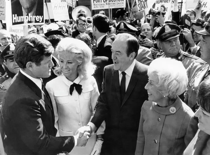 Framed Print : From left, Senator Edward Kennedy, Joan Kennedy, Vice President Hubert Humphrey, Muriel Humphrey, at Logan International Airport, Boston, September 19, 1968