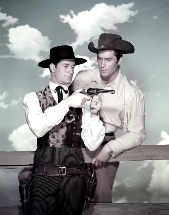 Framed Print : From left, TV western stars Hugh O'Brian (THE LIFE AND LEGEND OF WYATT EARP), Clint Walker (CHEYENNE), ca. late 1950s Framed Print : From left, TV western stars Hugh O'Brian (THE LIFE AND LEGEND OF WYATT EARP), Clint Walker (CHEYENNE), ca. late 1950s
