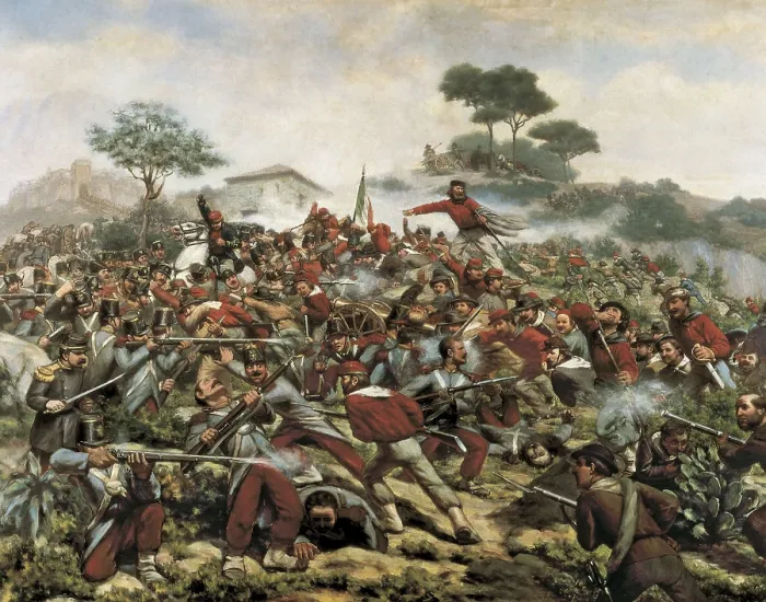 Framed Print : LEGAT, Remigio (19th century). Battle of Calatafimi. Battle the 15th May 1860 between Garibaldi's Red Shirts and the army of the Kingdom of the Two Sicilies. ITALY. Rome