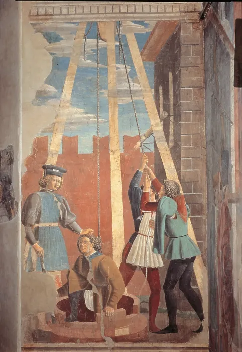 Framed Print : Legend of the Cross the Torture of the Jew, by Giovanni da Piamonte, Pietro di Beneknown as dei Franceschi known as Piero della Francesca, 1452 - 1462 about, 15th Century, fresco