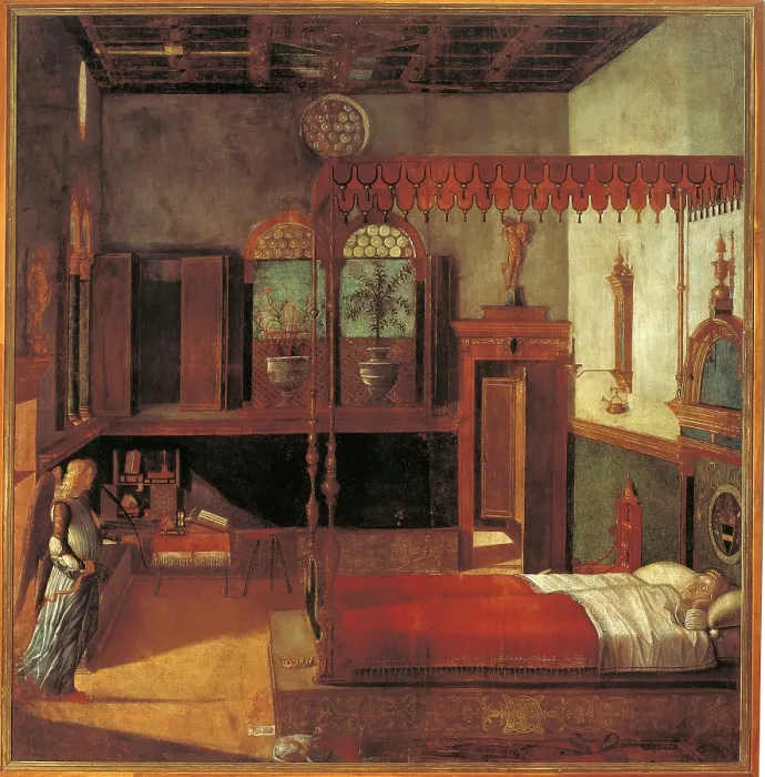 Framed Print : Legend of St Ursula. The Dream of Ursula, by Vittore Carpaccio, 1495, 15th Century, oil on canvas, cm 273 x 267 - Italy, Veneto, Venice, Accademia Art Galleries, cat. 578. All