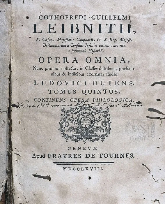 Framed Print : LEIBNIZ, Gottfried Wilhelm (1646-1716). Cover of the volume V of the Leibniz's 'Complete Works' (Geneve, 1768). SPAIN. Barcelona. Barcelona University Library
