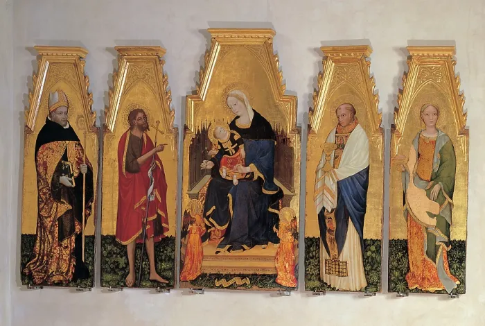 Framed Print : Lello da Velletri, Madonna and Child with Angels, Sts Augustine, John, Liberatore and Agatha, 15th Century, tempera on board, Italy, Umbria, Perugia, National Gallery of Umbria