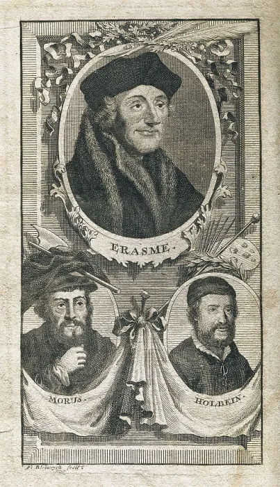 Framed Print : 'L'Eloge de la folie'. Illustration with Desiderius Erasmus of Rotterdam, Thomas More and Holbein. Edition printed in Leyden (1713)