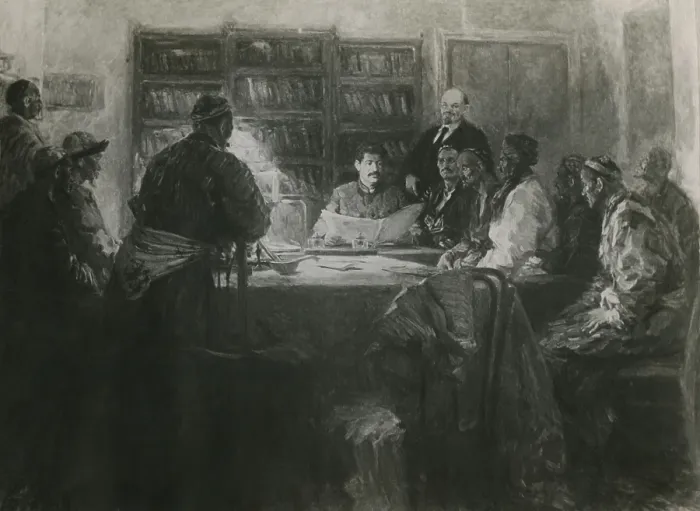 Framed Print : Lenin and Stalin receive a delegation from the peoples of Central Asia. Soviet Russian social realist painting by Konstantin Finogenov, c. 1930-50
