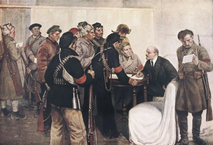 Framed Print : LENIN, Vladimir Ilich Ulyanov (1870-1924). Arrival of a messenger to Lenin's headquarters. Oil on canvas. AISA / Everett Collection**US SALES ONLY**