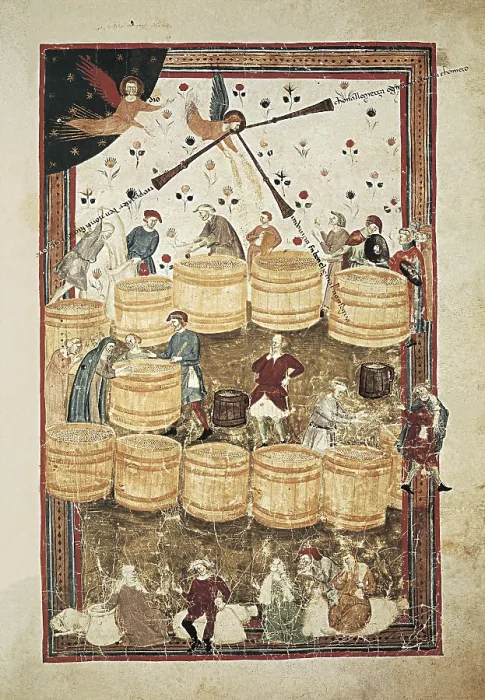 Framed Print : LENZI, Domenico (14th century). Specchio umano. 1325-1350. Distribution of grain in Florence during the famine of 1328-29. Ms. Tempi 3