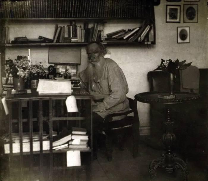 Framed Print : Leo Tolstoy (1828-1910) Russian novelist, writing in his study at the Tolstoy estate in Iasnaia Poliana, 1908