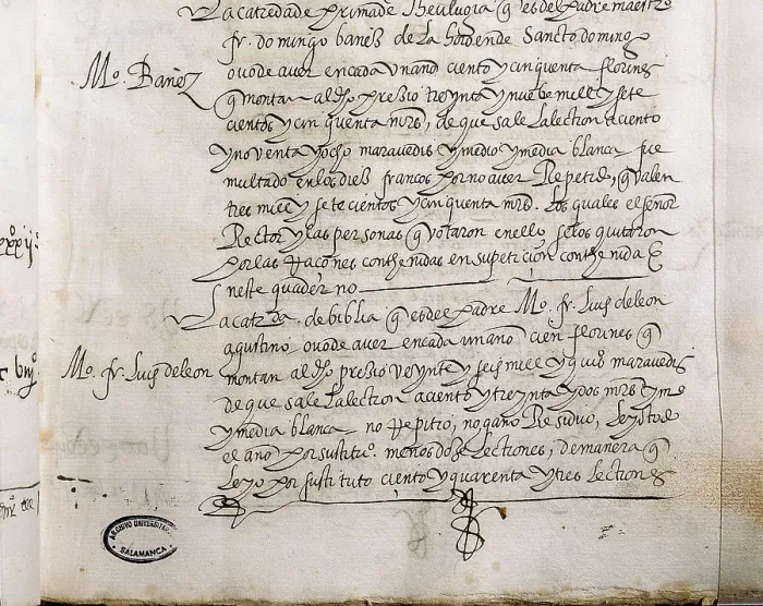 Framed Print : LEON, Fray Luis de (1528-1591). Document explaining the salary liquidation given to Fray Luis de Len as Bible professor at the University of Salamanca Framed Print : LEON, Fray Luis de (1528-1591). Document explaining the salary liquidation given to Fray Luis de Len as Bible professor at the University of Salamanca