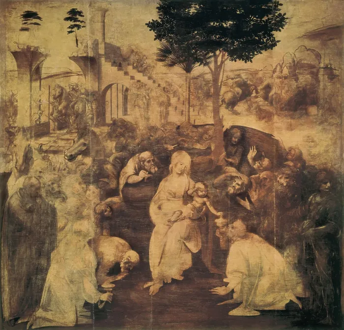 Framed Print : LEONARDO DA VINCI (1452-1519). Adoration of the Magi. 1481 - 1482. Preparation of Cologne earth and bistre on panel. Flemish art. Oil on wood. ITALY. Florence