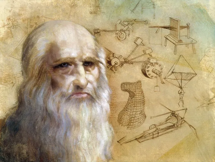 Framed Print : LEONARDO DA VINCI (1452-1519). Portrait of Leonardo da Vinci and some of his inventions. Oil. AISA / Everett Collection**US SALES ONLY**