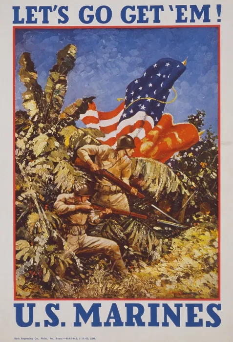 Framed Print : Let's go get em! U.S. Marines. American World War 2 recruiting poster showing Marines bearing rifles with bayonets and flags in a jungle. 1942 Framed Print : Let's go get em! U.S. Marines. American World War 2 recruiting poster showing Marines bearing rifles with bayonets and flags in a jungle. 1942