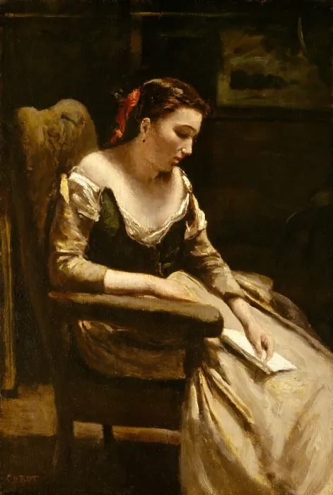 Framed Print : THE LETTER, by Camille Corot, 1865, French painting, oil on wood. Corot painted this figure with stronger lights and shadow than most for his works (BSLOC_2017_9_97) Framed Print : THE LETTER, by Camille Corot, 1865, French painting, oil on wood. Corot painted this figure with stronger lights and shadow than most for his works (BSLOC_2017_9_97)