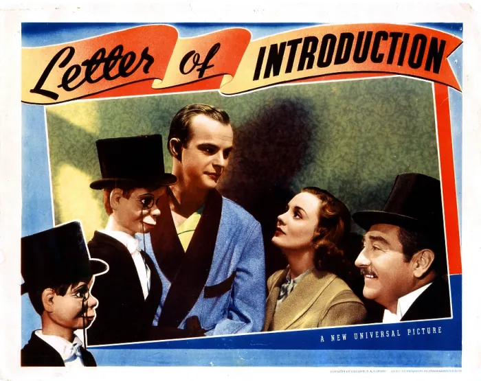 Framed Print : LETTER OF INTRODUCTION, from left, Charlie McCarthy, Edgar Bergen, Andrea Leeds, Adolphe Menjou, 1938