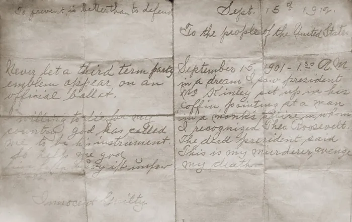 Framed Print : Letter by Theodore Roosevelts attempted assassin, written a month before the shooting. John Schrank dated it Sept. 15, 1912 and addressed to the people of the United States