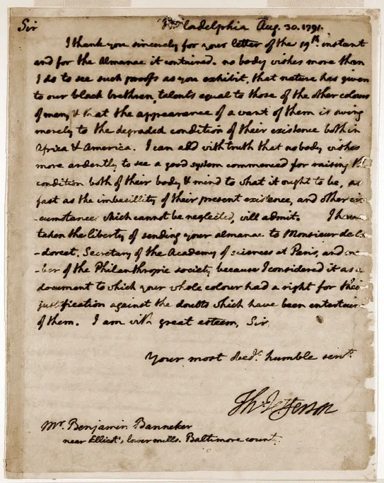 Framed Print : A letter by Thomas Jefferson to Benjamin Banneker (1731-1806) expressing his belief that blacks possess talents equal to those of other races