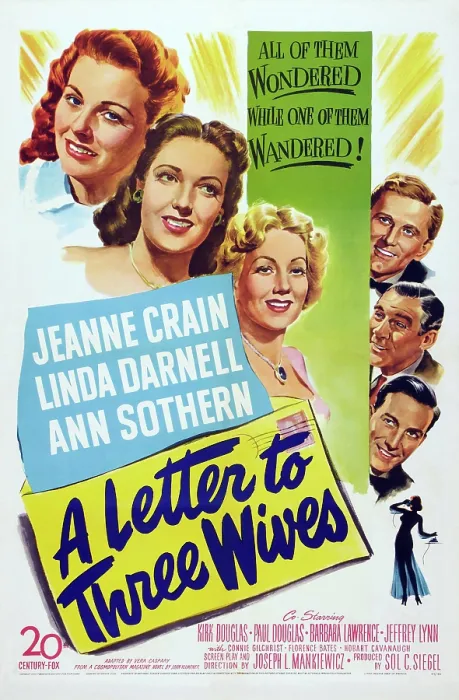 Framed Print : A LETTER TO THREE WIVES, US poster art, left from top: Jeanne Crain, Linda Darnell, Ann Sothern, right from top: Kirk Douglas, Paul Douglas, Jeffrey Lynn, 1949