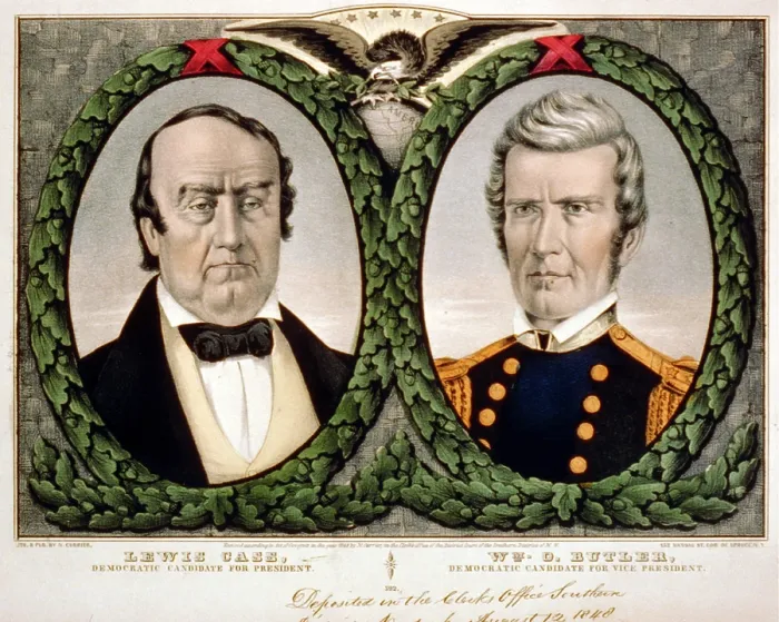 Framed Print : Lewis Cass. Color campaign banner for Democratic candidates Lewis Cass and William O. Butler. color lithograph ca. 1848 Framed Print : Lewis Cass. Color campaign banner for Democratic candidates Lewis Cass and William O. Butler. color lithograph ca. 1848