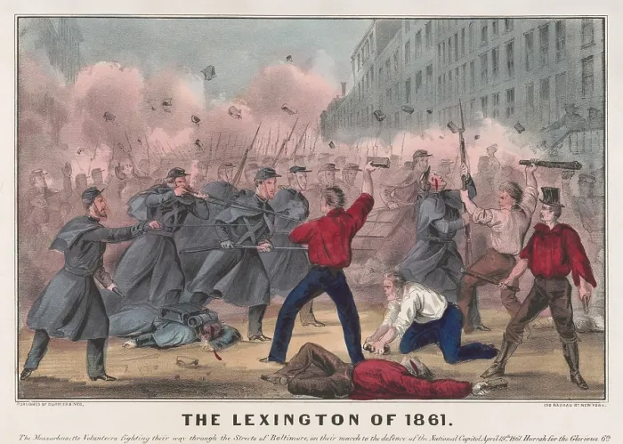 Framed Print : THE LEXINGTON OF 1861. Popular political print depicts soldiers of 6th Regiment of the Massachusetts Volunteers fighting with pro-secessionist Baltimore mob on April 19, 1861 Framed Print : THE LEXINGTON OF 1861. Popular political print depicts soldiers of 6th Regiment of the Massachusetts Volunteers fighting with pro-secessionist Baltimore mob on April 19, 1861