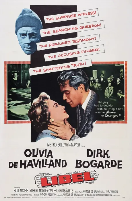 Framed Print : LIBEL, US poster art, from left: Olivia De Havilland, Dirk Bogarde, 1959