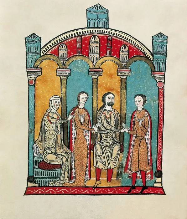 Framed Print : Liber Feudorum Maior. end 12th c. Royal cartulary carried out after Alfonso the Chaste's order. Folio 78 verso, wedding scene. Romanesque art. Miniature Painting. SPAIN