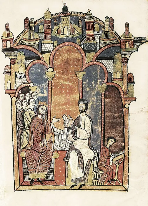 Framed Print : Liber Feudorum Maior. end 12th c. Royal cartularium made by order of Alfonso el Casto. Cover depicting the king Alfonso giving orders to Ramon Calders about the Royal Archive