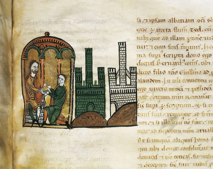 Framed Print : Liber Feudorum Maior. end 12th c. Royal cartulary carried out after Alfonso the Chaste's orders. Folio 61. Romanesque art. Miniature Painting. SPAIN. Barcelona Framed Print : Liber Feudorum Maior. end 12th c. Royal cartulary carried out after Alfonso the Chaste's orders. Folio 61. Romanesque art. Miniature Painting. SPAIN. Barcelona