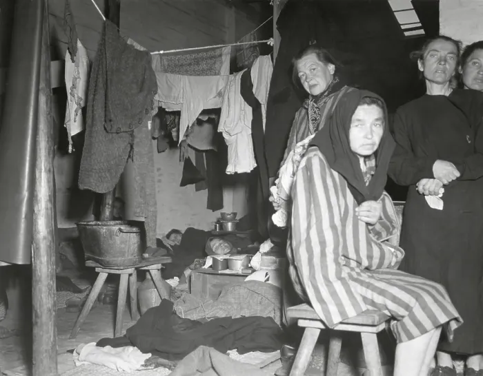 Framed Print : Liberated women in their barracks in former Nazi prison camp at Belsen, Germany. The women became displaced persons under the protection of the British 2nd Army