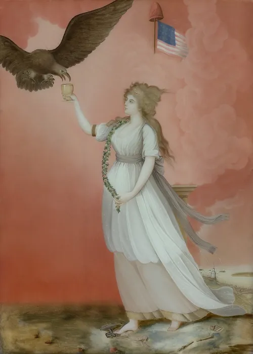 Framed Print : Liberty in the Form of the Goddess of Youth Giving Support to the Bald Eagle, 1800, Chinese, reverse painting on glass, was made for the American market