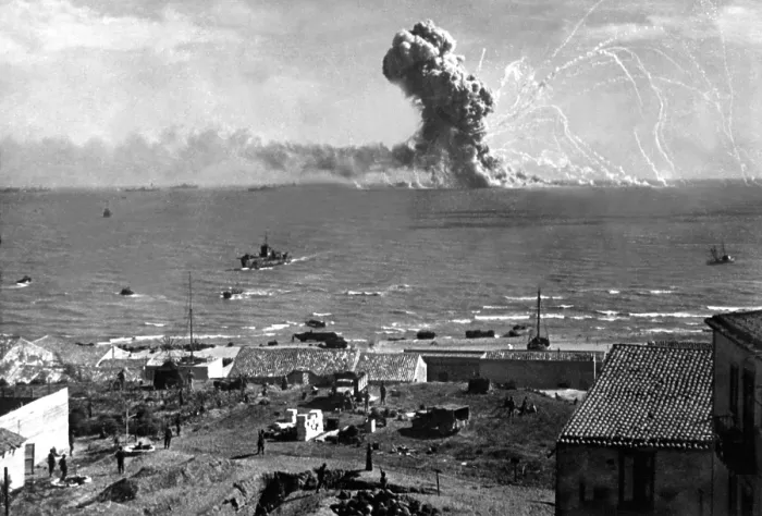 Framed Print : Liberty Ship SS Rowan explodes after being hit by a German bomb, near Gela, Sicily on July 11, 1943. Allied invasion of Sicily, World War 2. (BSLOC_2014_10_21) Framed Print : Liberty Ship SS Rowan explodes after being hit by a German bomb, near Gela, Sicily on July 11, 1943. Allied invasion of Sicily, World War 2. (BSLOC_2014_10_21)