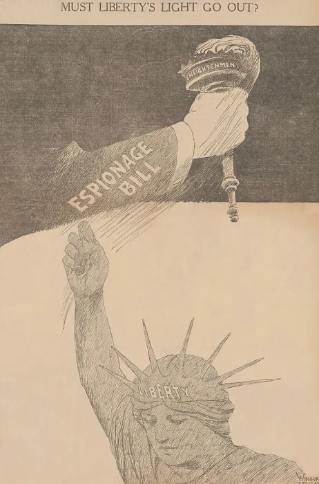 Framed Print : MUST LIBERTYS LIGHT GO OUT? Arm labeled Espionage Bill grabbing the torch from the Statue of Libertys upraised hand
