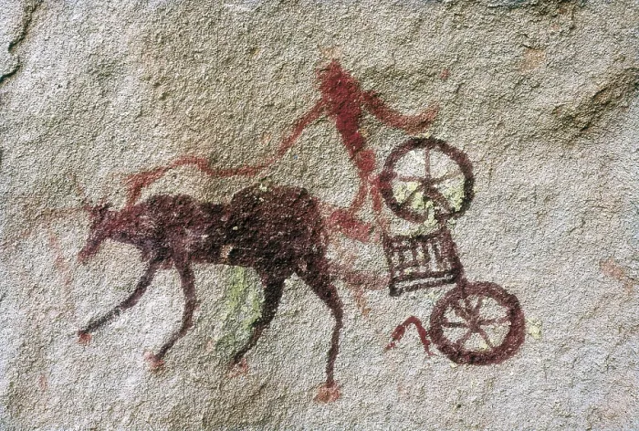 Framed Print : LIBYA. Tadrart Acacus. Representation of a cart pulled by an ox (c. 1500 BC). Neolithic art. Cave. AISA / Everett Collection**US SALES ONLY**