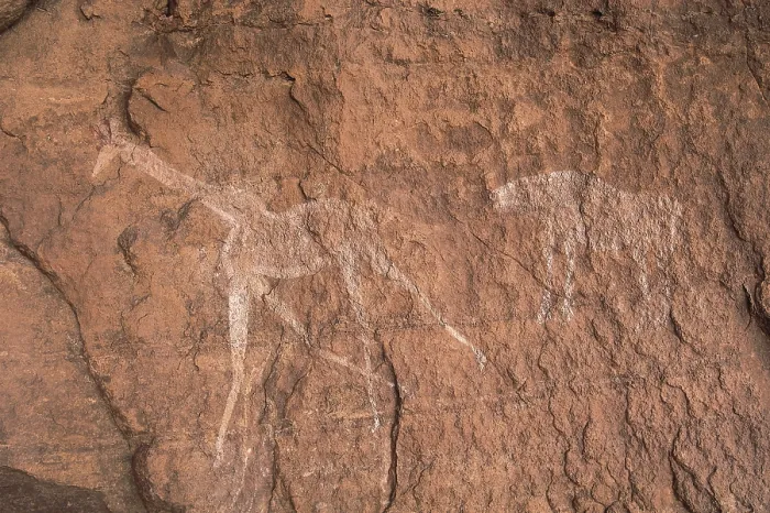 Framed Print : LIBYA. Tadrart Acacus. Representation of a giraffe running away from a feline (12.000-8000 BC). Neolithic art. Cave Framed Print : LIBYA. Tadrart Acacus. Representation of a giraffe running away from a feline (12.000-8000 BC). Neolithic art. Cave