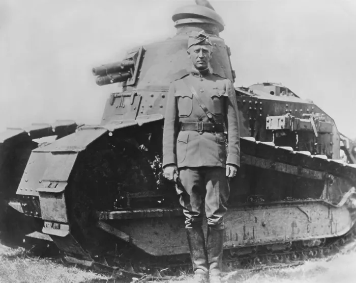 Framed Print : Lieut. Col. George S. Patton, Jr. 1st Tank Battalion during WW1. He stands in front of a French Renault tank used by his US tank troops Framed Print : Lieut. Col. George S. Patton, Jr. 1st Tank Battalion during WW1. He stands in front of a French Renault tank used by his US tank troops