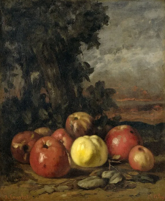 Framed Print : Still Life with Apples, by Gustave Courbet, 1871-72, French painting, oil on canvas. Apples grouped against a landscape of trees and fields Framed Print : Still Life with Apples, by Gustave Courbet, 1871-72, French painting, oil on canvas. Apples grouped against a landscape of trees and fields