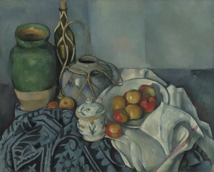 Framed Print : Still Life with Apples, by Paul Cezanne, 1993-94, French Post-Impressionist painting, oil on canvas. Cezanne arranged his still lifes so that everything locked together Framed Print : Still Life with Apples, by Paul Cezanne, 1993-94, French Post-Impressionist painting, oil on canvas. Cezanne arranged his still lifes so that everything locked together