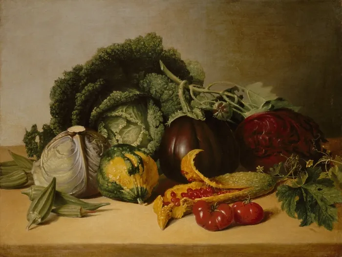 Framed Print : STILL LIFE: BALSAM APPLE AND VEGETABLES, by James Peale, 1820, American painting, oil on canvas