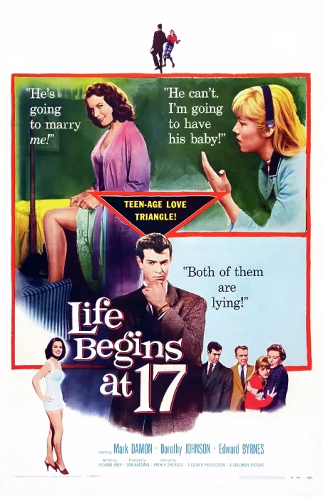 Framed Print : LIFE BEGINS AT 17, US poster, top from left: Dorothy Johnson, Luana Anders, Mart Damon (center), Dorthy Johnson (bottom left), bottom right from left: Mark Damon, Hugh Sanders
