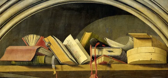 Framed Print : Still Life with Books in a Niche, by Barthelemy d Eyck, 1442-45, Netherlandish, painting, oil on panel (BSLOC_2016_2_160)