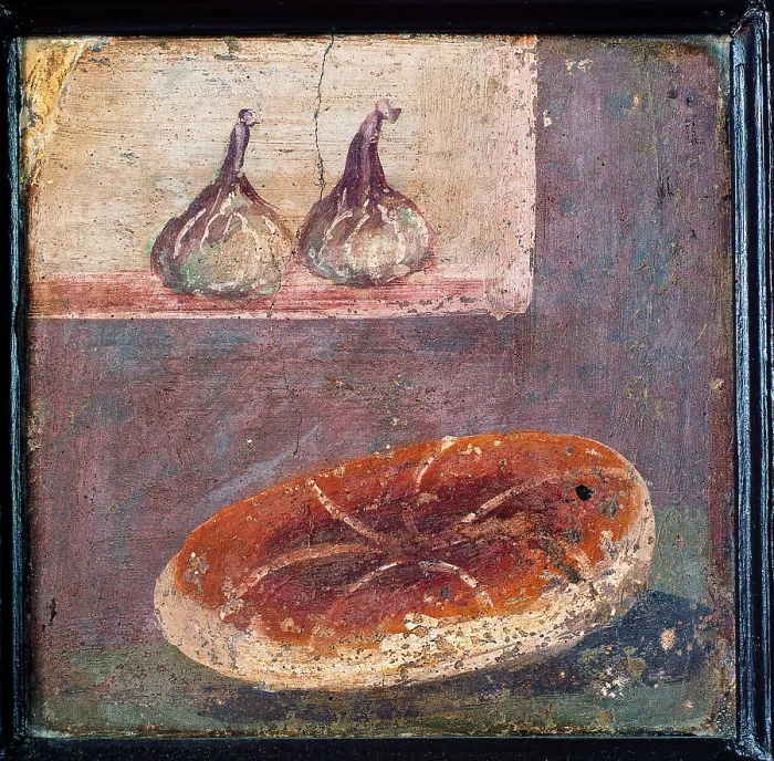 Framed Print : Still Life with Bread and Figs, by unknown artist, ripped fresco, 23 x 23 cm - Italy, Campania, Naples, National Archaeological Museum, Room LXXIV, inv. 8625. Whole artwork view Framed Print : Still Life with Bread and Figs, by unknown artist, ripped fresco, 23 x 23 cm - Italy, Campania, Naples, National Archaeological Museum, Room LXXIV, inv. 8625. Whole artwork view
