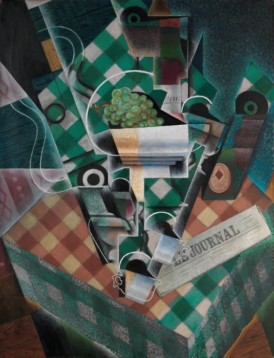 Framed Print : STILL LIFE WITH CHECKED TABLECLOTH, by Juan Gris, 1915, Spanish Cubist painting, oil and graphite on canvas