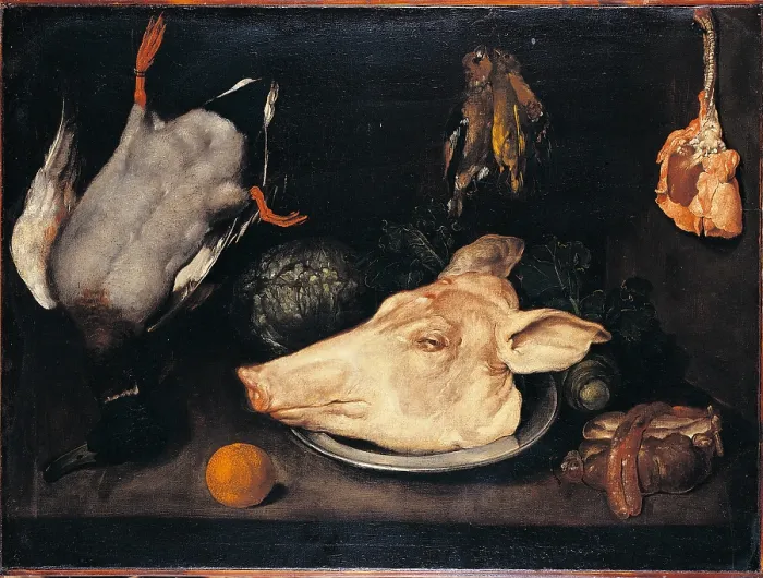 Framed Print : Still Life with Duck, Piglet, Giblets, Cauliflower and a Fruit, by Giacomo Ceruti know as Pitocchetto, 1700 - 1750 about, 18th Century, oil on canvas, cm 66 x 87 - Italy