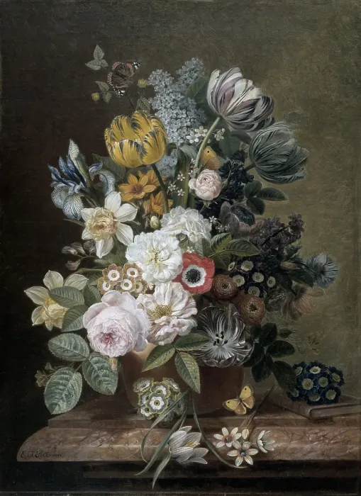 Framed Print : Still Life with Flowers, by Eelke Jelles Eelkema, c. 1815-39, Dutch oil painting, oil on canvas. Bouquet of roses, tulips, daffodils, irises, on a stone plinth Framed Print : Still Life with Flowers, by Eelke Jelles Eelkema, c. 1815-39, Dutch oil painting, oil on canvas. Bouquet of roses, tulips, daffodils, irises, on a stone plinth