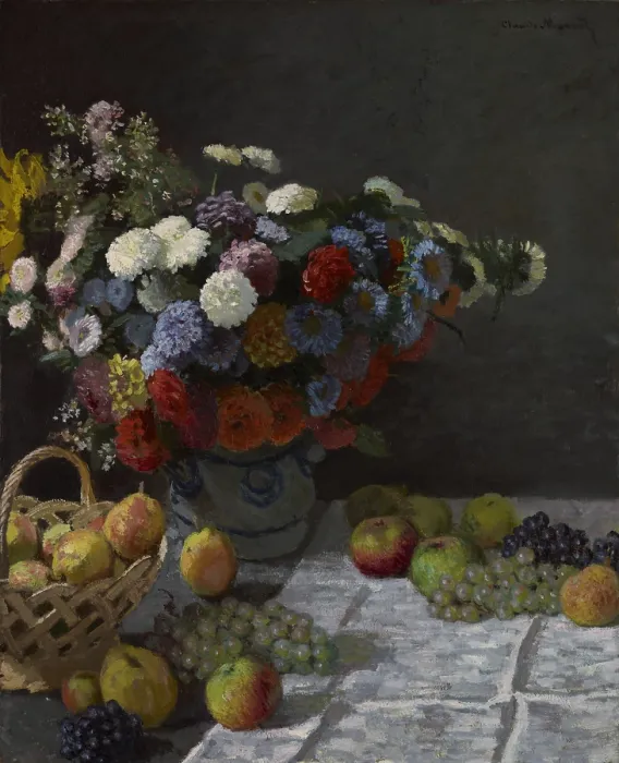 Framed Print : Still Life with Flowers and Fruit, by Claude Monet, 1869, French impressionist painting, oil on canvas