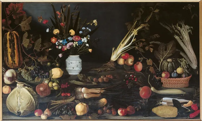 Framed Print : Still Life with Flowers, Fruit and Vegetables and Two Lizards, by Master of Hartford, 1590 - 1600, 16th Century, oil on canvas, cm 105 x 184 - Italy, Lazio, Rome Framed Print : Still Life with Flowers, Fruit and Vegetables and Two Lizards, by Master of Hartford, 1590 - 1600, 16th Century, oil on canvas, cm 105 x 184 - Italy, Lazio, Rome